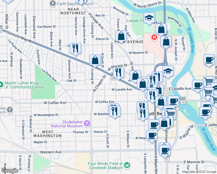 map of restaurants, bars, coffee shops, grocery stores, and more near 628 West La Salle Avenue in South Bend