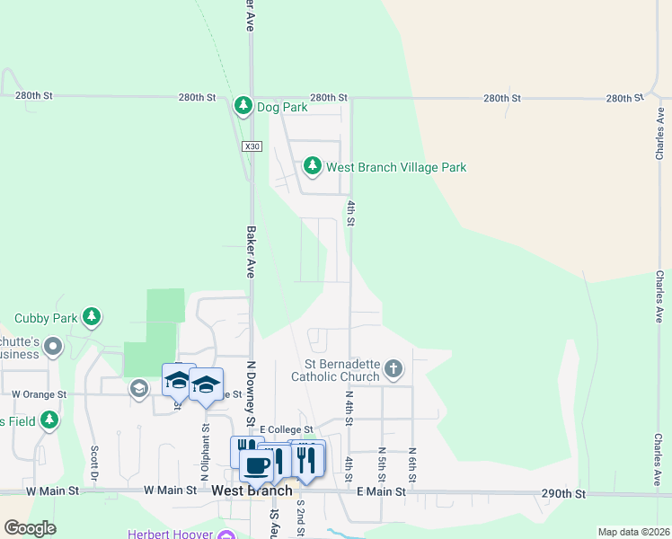 map of restaurants, bars, coffee shops, grocery stores, and more near 130 Lincoln Street in West Branch