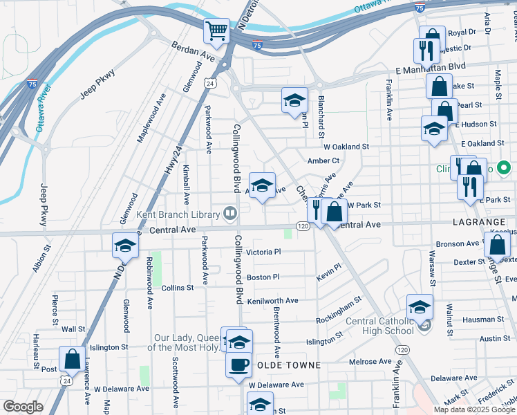 map of restaurants, bars, coffee shops, grocery stores, and more near 3131 Cambridge Street in Toledo