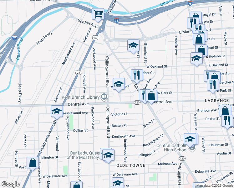 map of restaurants, bars, coffee shops, grocery stores, and more near 3131 Cambridge Street in Toledo