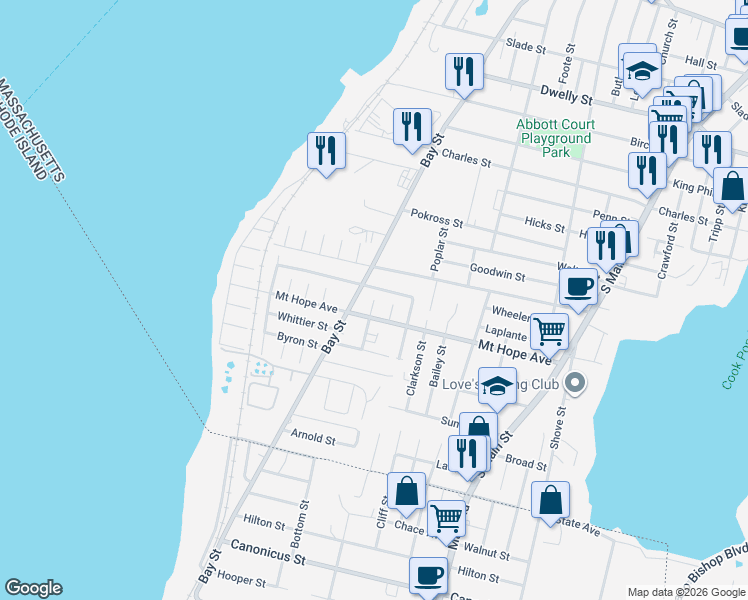 map of restaurants, bars, coffee shops, grocery stores, and more near 276 Mount Hope Avenue in Fall River
