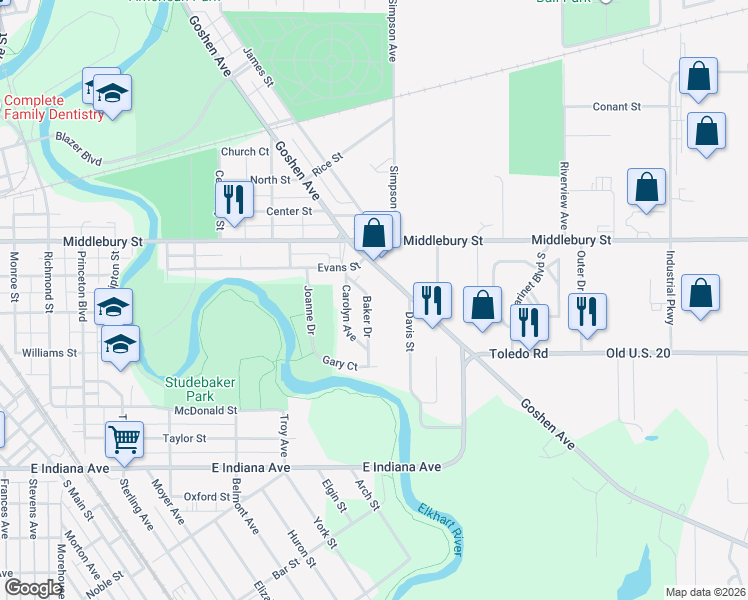 map of restaurants, bars, coffee shops, grocery stores, and more near 1006-1010 Baker Drive in Elkhart