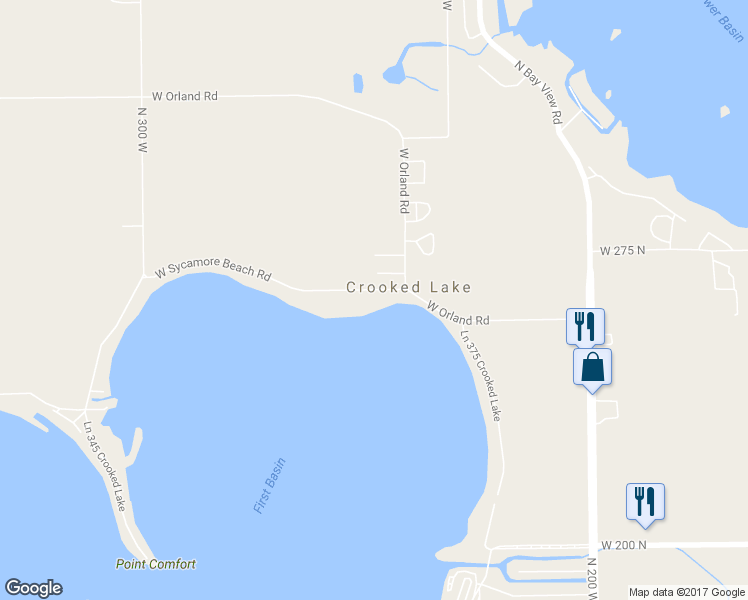 map of restaurants, bars, coffee shops, grocery stores, and more near 2445 West Sycamore Beach Road in Angola