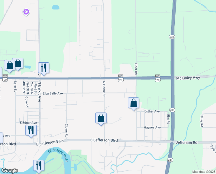 map of restaurants, bars, coffee shops, grocery stores, and more near 2110 North Home Street in Mishawaka