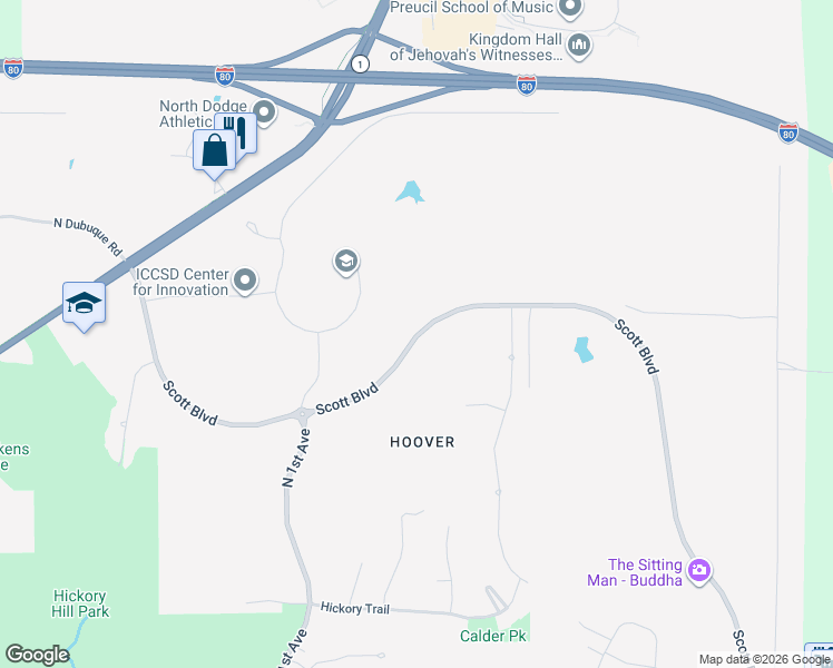 map of restaurants, bars, coffee shops, grocery stores, and more near Scott Boulevard in Iowa City