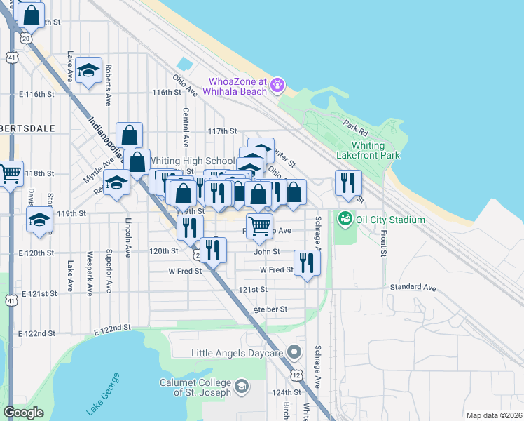 map of restaurants, bars, coffee shops, grocery stores, and more near 1452 119th Street in Whiting