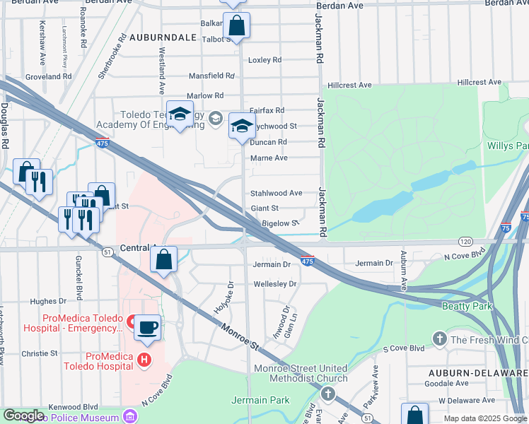 map of restaurants, bars, coffee shops, grocery stores, and more near 1831 Giant Street in Toledo