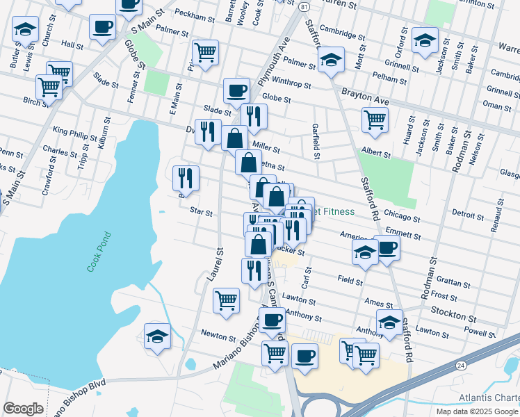 map of restaurants, bars, coffee shops, grocery stores, and more near 321 Rhode Island Avenue in Fall River