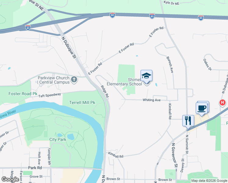 map of restaurants, bars, coffee shops, grocery stores, and more near 1685 Ridge Rd in Iowa City