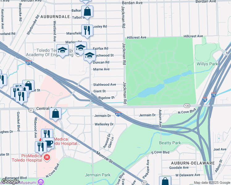 map of restaurants, bars, coffee shops, grocery stores, and more near 1733 Giant Street in Toledo