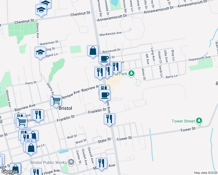 map of restaurants, bars, coffee shops, grocery stores, and more near 390 Metacom Avenue in Bristol