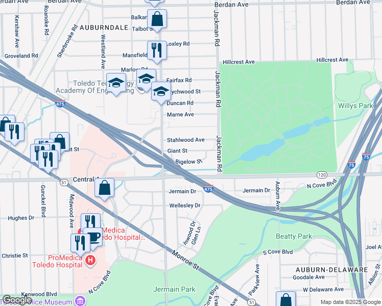 map of restaurants, bars, coffee shops, grocery stores, and more near 1763 Giant Street in Toledo