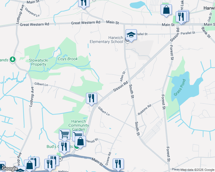 map of restaurants, bars, coffee shops, grocery stores, and more near 3 Mark Lane in Harwich
