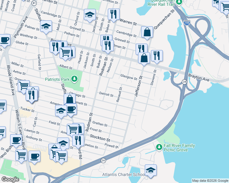 map of restaurants, bars, coffee shops, grocery stores, and more near 30 Detroit Street in Fall River