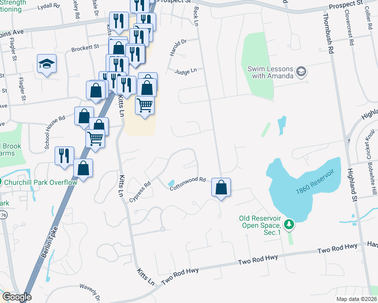 map of restaurants, bars, coffee shops, grocery stores, and more near 87 Cypress Road in Newington