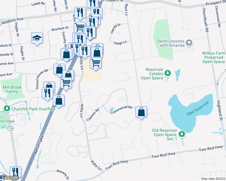 map of restaurants, bars, coffee shops, grocery stores, and more near 405 Cypress Road in Newington