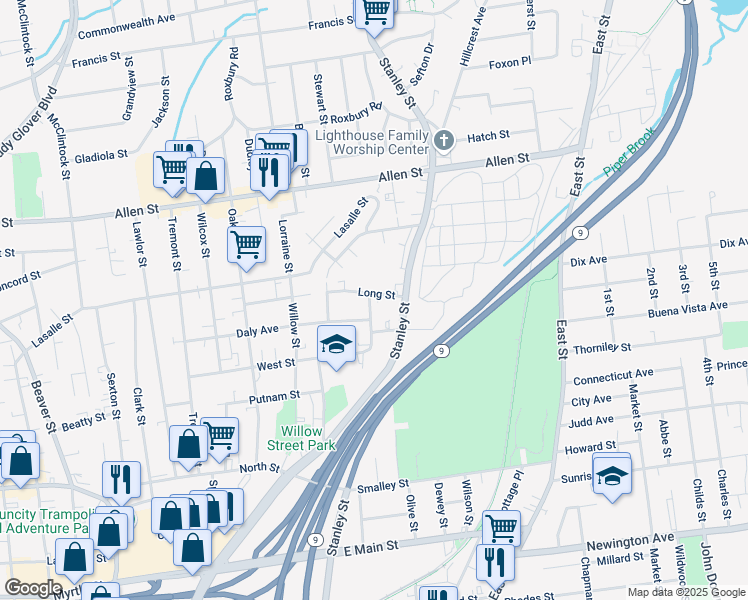 map of restaurants, bars, coffee shops, grocery stores, and more near 1170 Stanley Street in New Britain