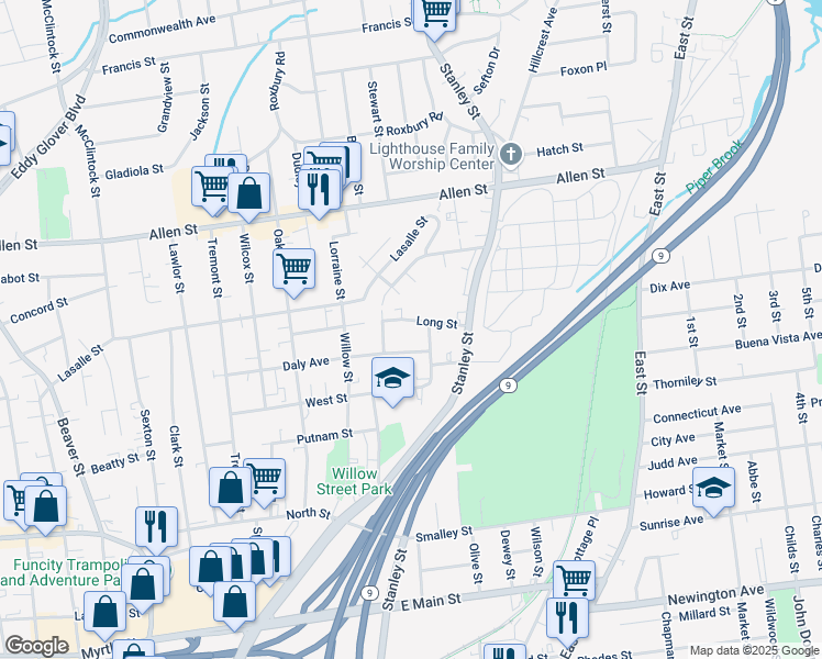 map of restaurants, bars, coffee shops, grocery stores, and more near 200 Daly Avenue in New Britain