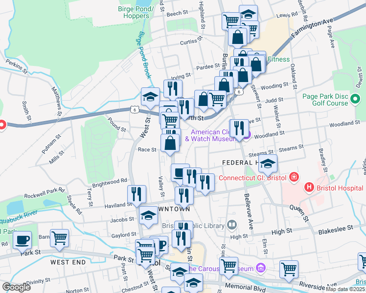 map of restaurants, bars, coffee shops, grocery stores, and more near 400 North Main Street in Bristol