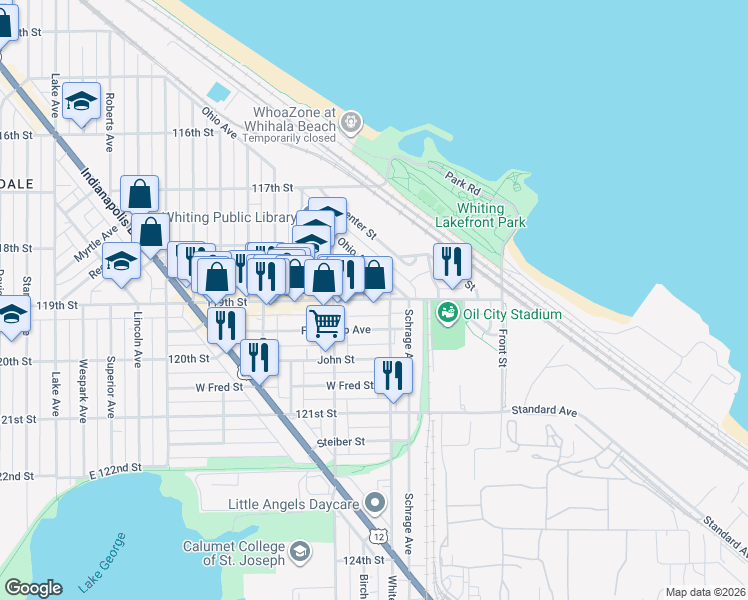 map of restaurants, bars, coffee shops, grocery stores, and more near 1522 119th Street in Whiting