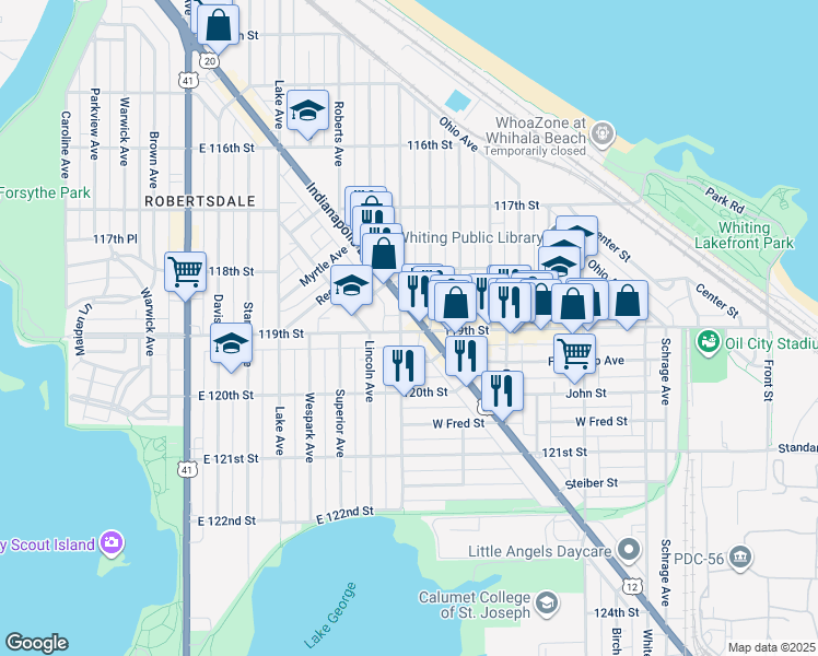 map of restaurants, bars, coffee shops, grocery stores, and more near 1202 119th Street in Whiting