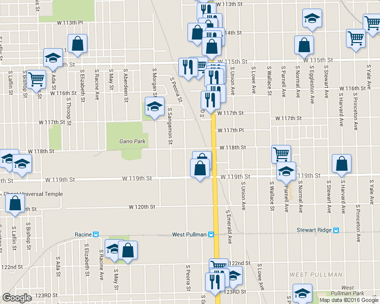 map of restaurants, bars, coffee shops, grocery stores, and more near 11817 South Green Street in Chicago