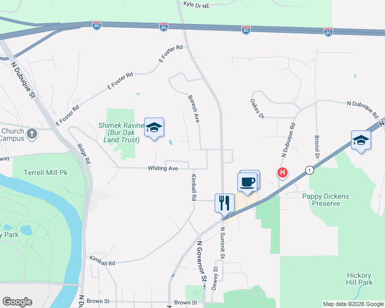 map of restaurants, bars, coffee shops, grocery stores, and more near in Iowa City