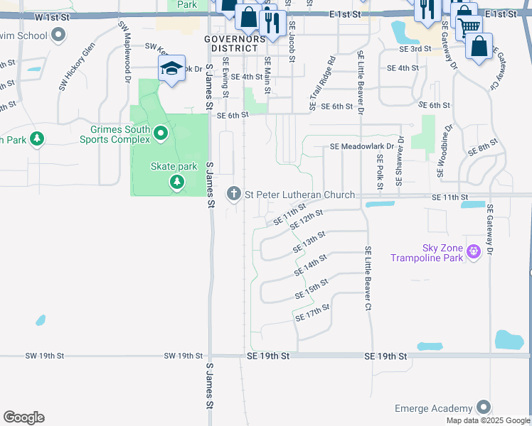 map of restaurants, bars, coffee shops, grocery stores, and more near 301 Southeast 11th Street in Grimes