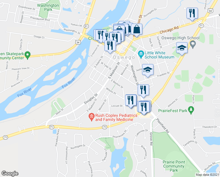 map of restaurants, bars, coffee shops, grocery stores, and more near 148 Wilson Place in Oswego