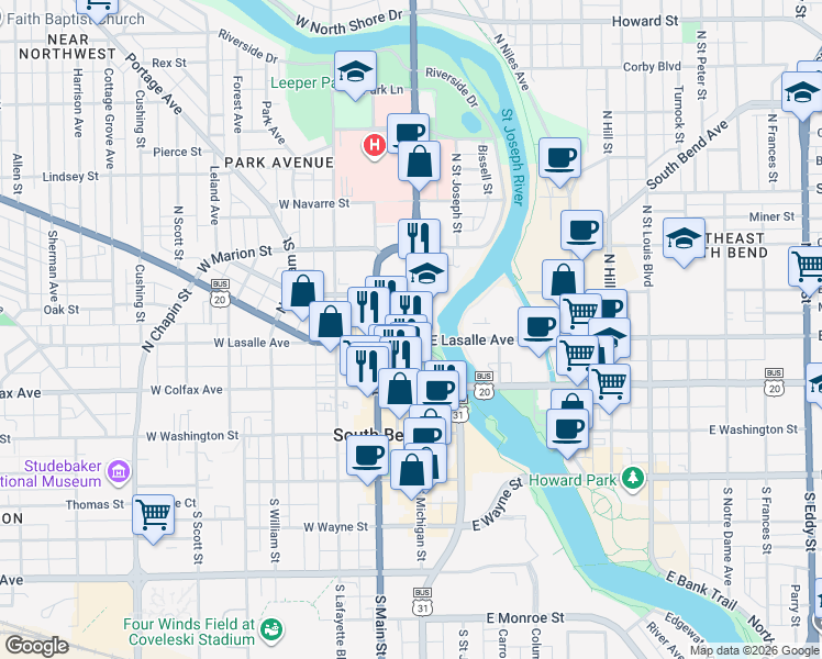 map of restaurants, bars, coffee shops, grocery stores, and more near in South Bend