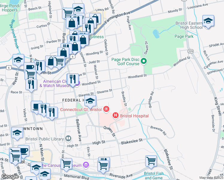 map of restaurants, bars, coffee shops, grocery stores, and more near Oakland Street & Stearns Street in Bristol