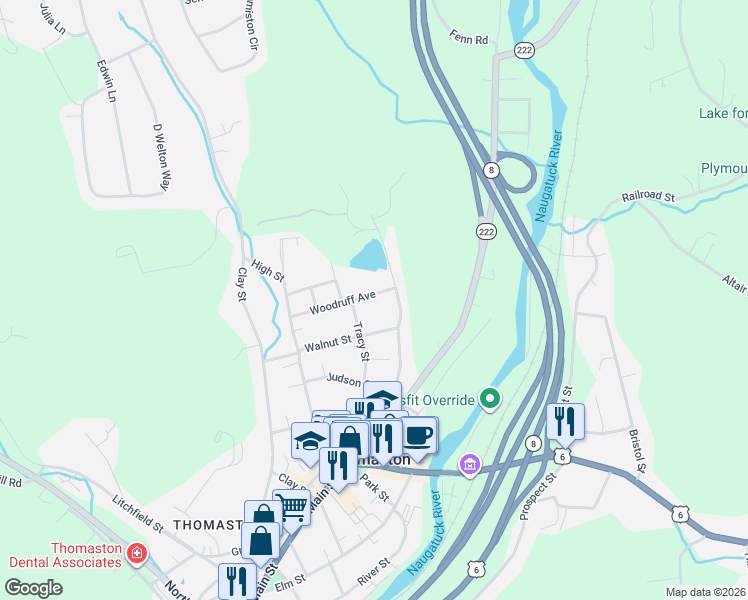 map of restaurants, bars, coffee shops, grocery stores, and more near 80 Woodruff Avenue in Thomaston