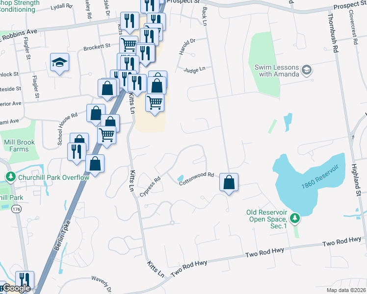 map of restaurants, bars, coffee shops, grocery stores, and more near 378 Cypress Road in Newington