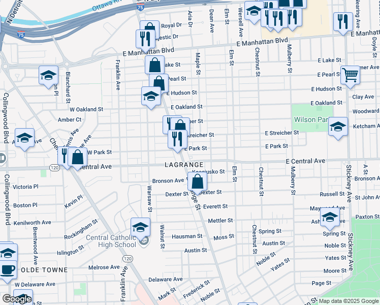 map of restaurants, bars, coffee shops, grocery stores, and more near 223 East Central Avenue in Toledo