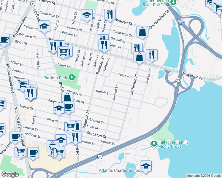 map of restaurants, bars, coffee shops, grocery stores, and more near 30 Detroit Street in Fall River