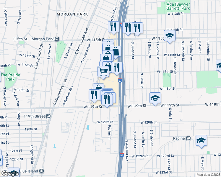 map of restaurants, bars, coffee shops, grocery stores, and more near S Paulina St in Chicago