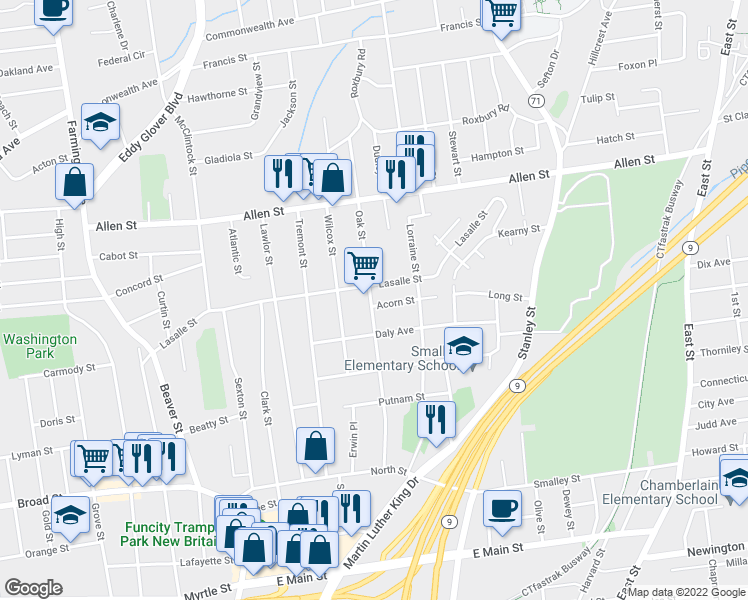map of restaurants, bars, coffee shops, grocery stores, and more near 187 Oak Street in New Britain