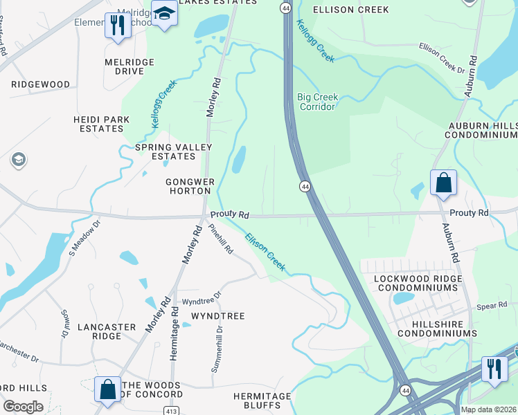 map of restaurants, bars, coffee shops, grocery stores, and more near 10662 County Highway 414 in Painesville