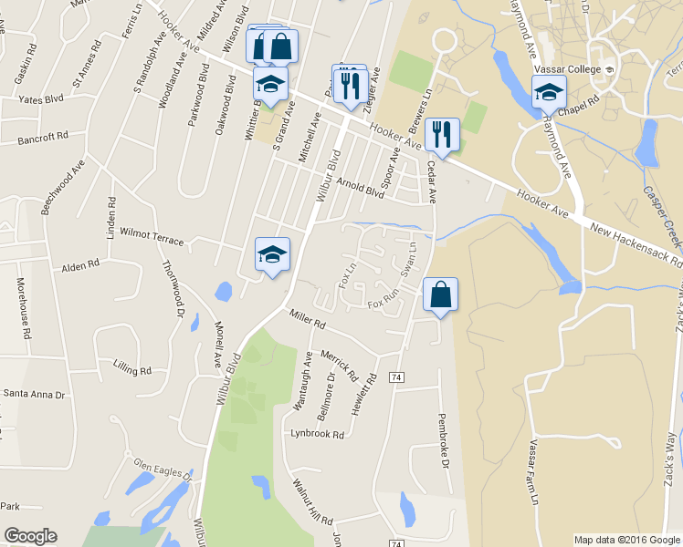 map of restaurants, bars, coffee shops, grocery stores, and more near 2712 Pine Cone Court in Poughkeepsie