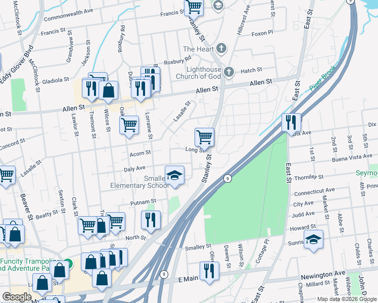 map of restaurants, bars, coffee shops, grocery stores, and more near 50 Long Street in New Britain
