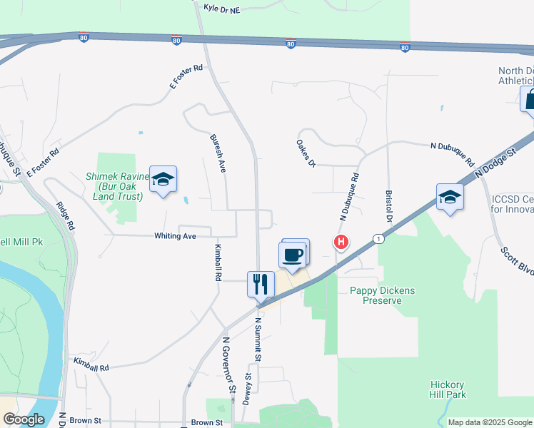 map of restaurants, bars, coffee shops, grocery stores, and more near 1316 Prairie Du Chien Rd in Iowa City