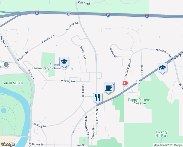map of restaurants, bars, coffee shops, grocery stores, and more near 1315 Whiting Avenue Court in Iowa City