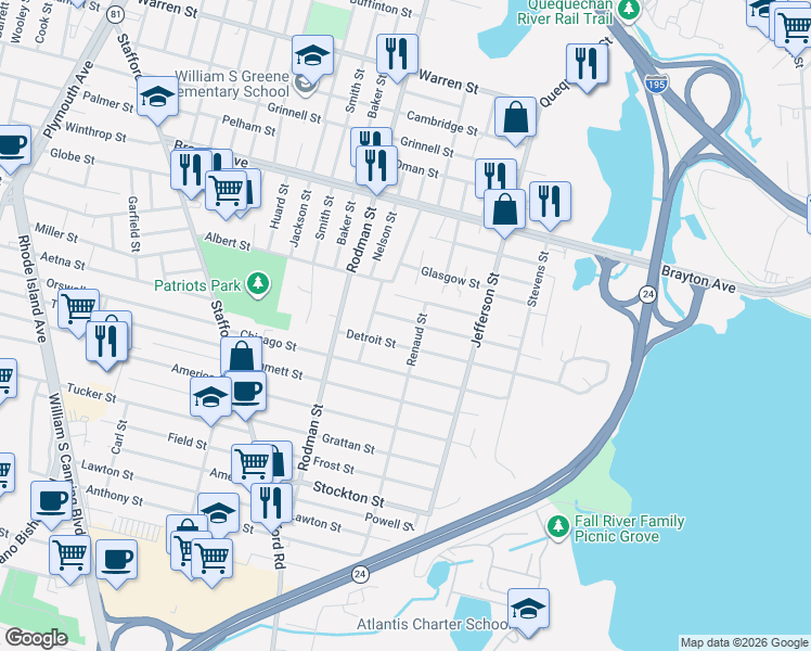 map of restaurants, bars, coffee shops, grocery stores, and more near 82 Renaud Street in Fall River