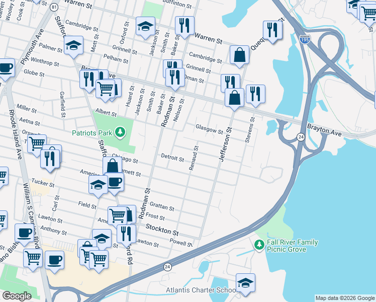 map of restaurants, bars, coffee shops, grocery stores, and more near 82 Renaud Street in Fall River