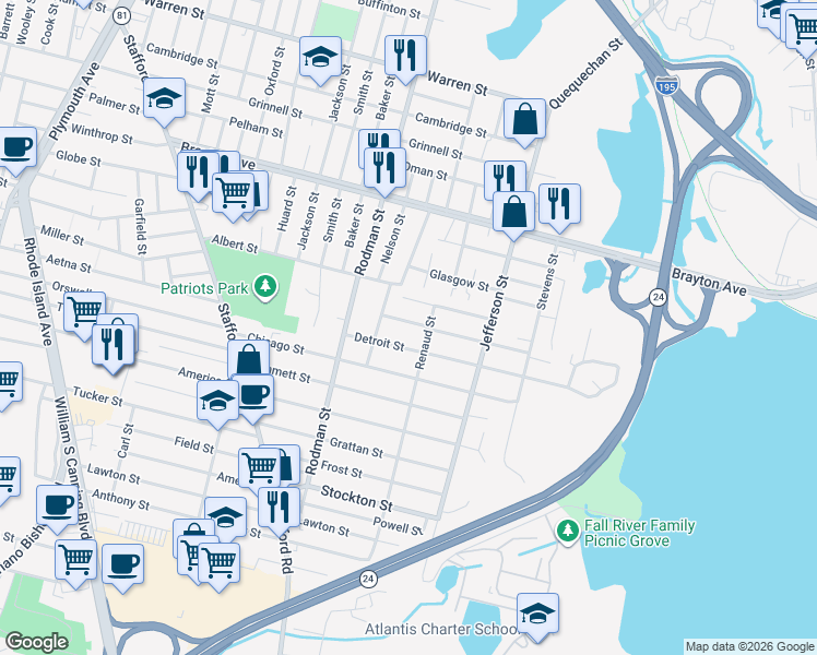 map of restaurants, bars, coffee shops, grocery stores, and more near 30 Detroit Street in Fall River