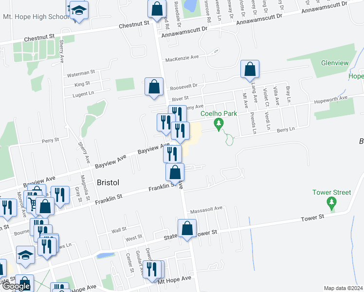 map of restaurants, bars, coffee shops, grocery stores, and more near 386 Metacom Avenue in Bristol