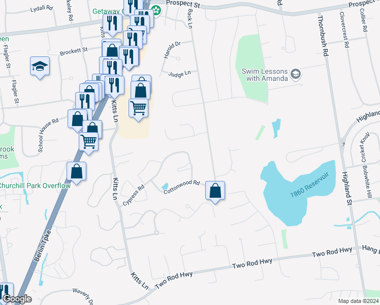 map of restaurants, bars, coffee shops, grocery stores, and more near 87 Cypress Road in Newington