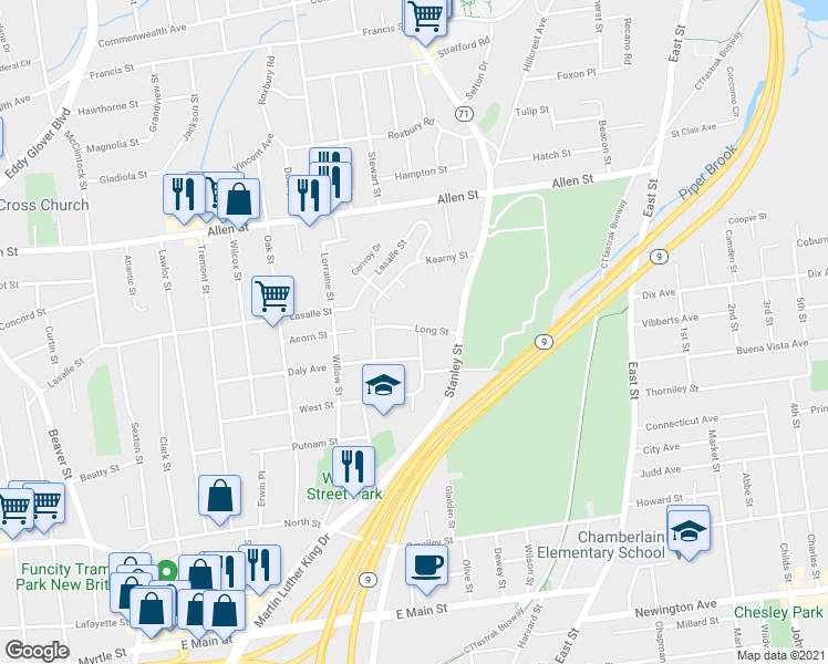 map of restaurants, bars, coffee shops, grocery stores, and more near 200 Daly Avenue in New Britain