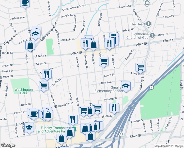 map of restaurants, bars, coffee shops, grocery stores, and more near 68 Wilcox Street in New Britain