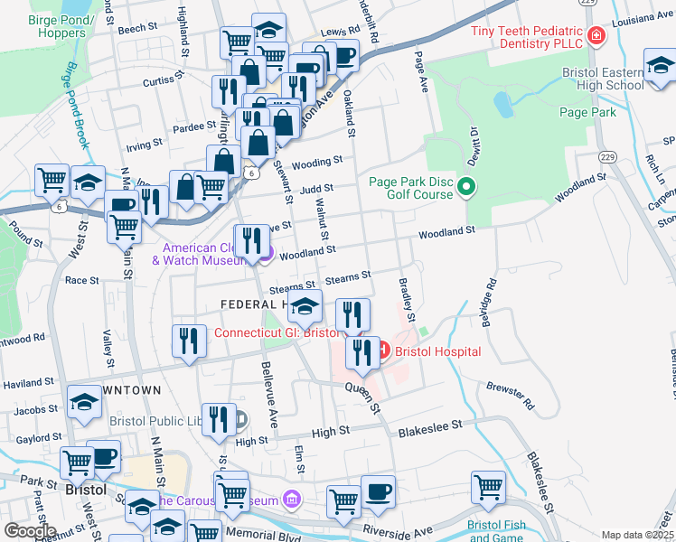 map of restaurants, bars, coffee shops, grocery stores, and more near 94 Stearns Street in Bristol